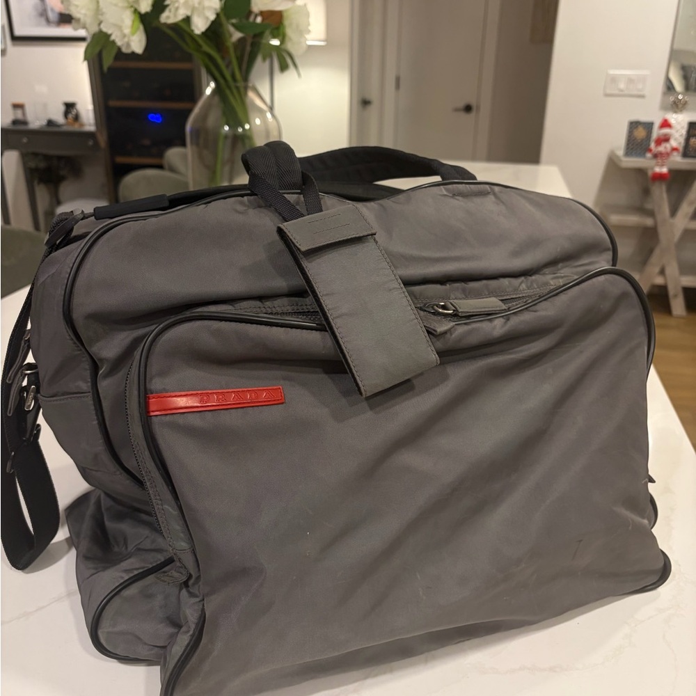 Prada Linea Rossa Gray Travel Bag with Red rubber label